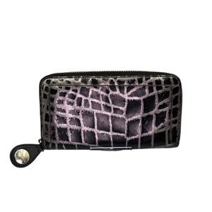 Brahmin Crocodile Embossed Zip Around Wallet Black Silver‎ Metallic Accents